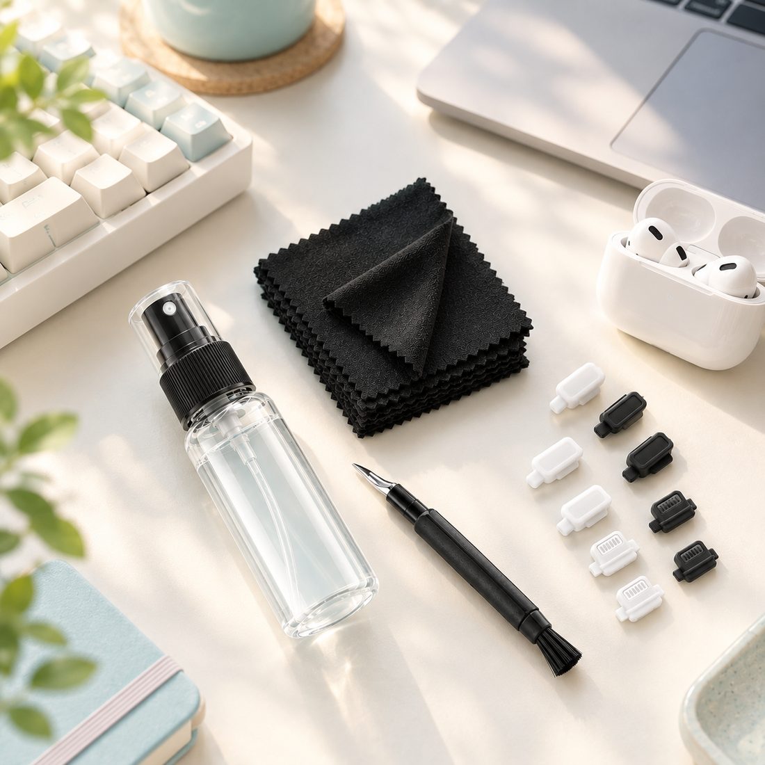 Kit Klean Basic sobre un escritorio: mini spray, paños de microfibra, pick de limpieza y tapones para puertos USB-C y Lightning.